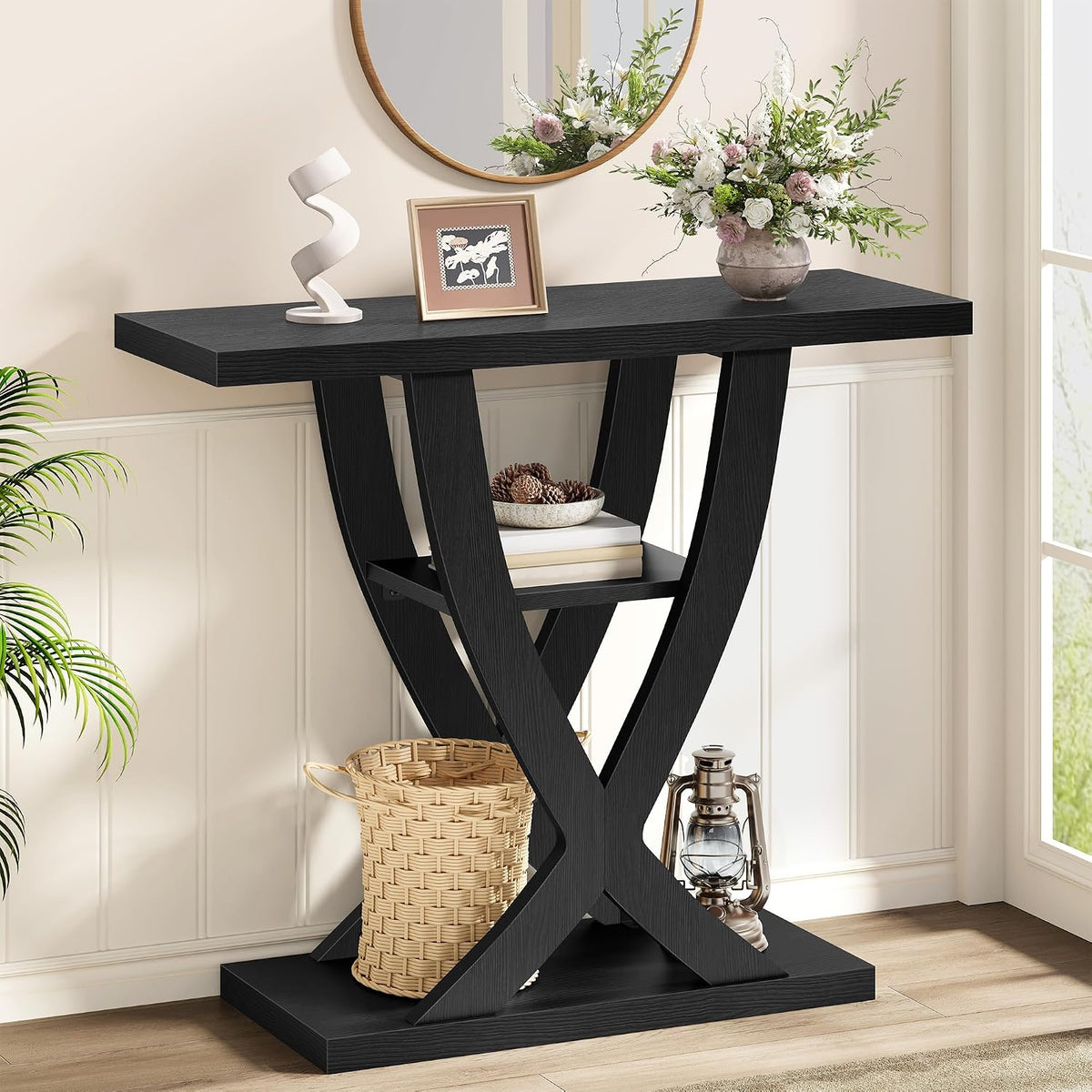 FAVOOSTY Entryway Table, 3 Tier Hallway Table, Console Tables for Living Room, Narrow Entrance Table with Storage, Sofa Table Behind Counch, Accent Table for Entry Foyer, Black