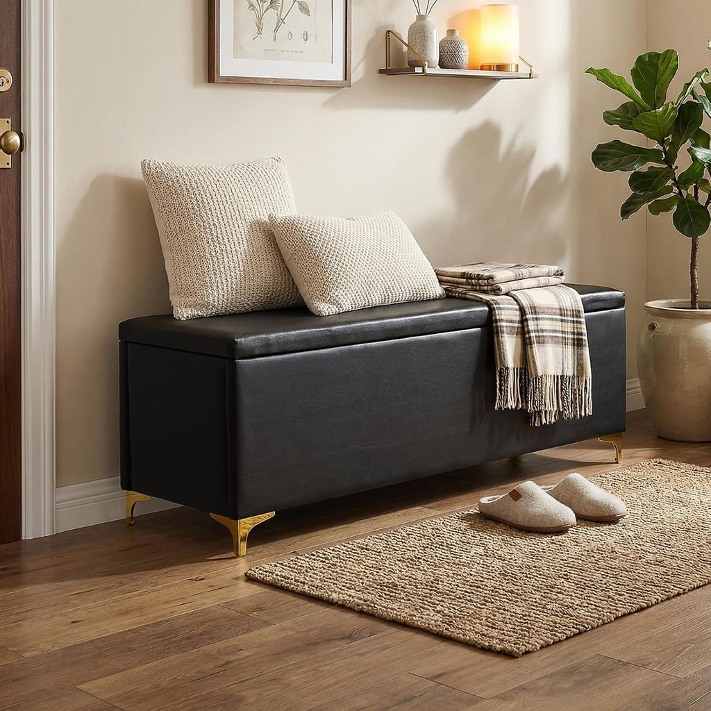 FHFO 52.9" Storage Ottoman Bench, End of Bed Storage Bench, Black | Faux Leather Upholstered | Large Capacity | Durable Fabric | Solid Wood Frame