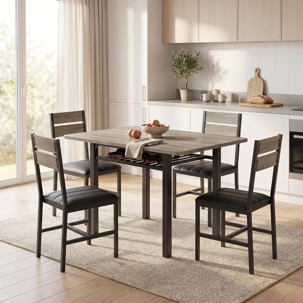 MapleGrace Extendable Dining Table Set for 4 with Storage Rack, 5-Piece Kitchen Table with 4 Upholstered Chairs, Metal Frame & MDF Board, Space-Saving for Small Apartment, Gray