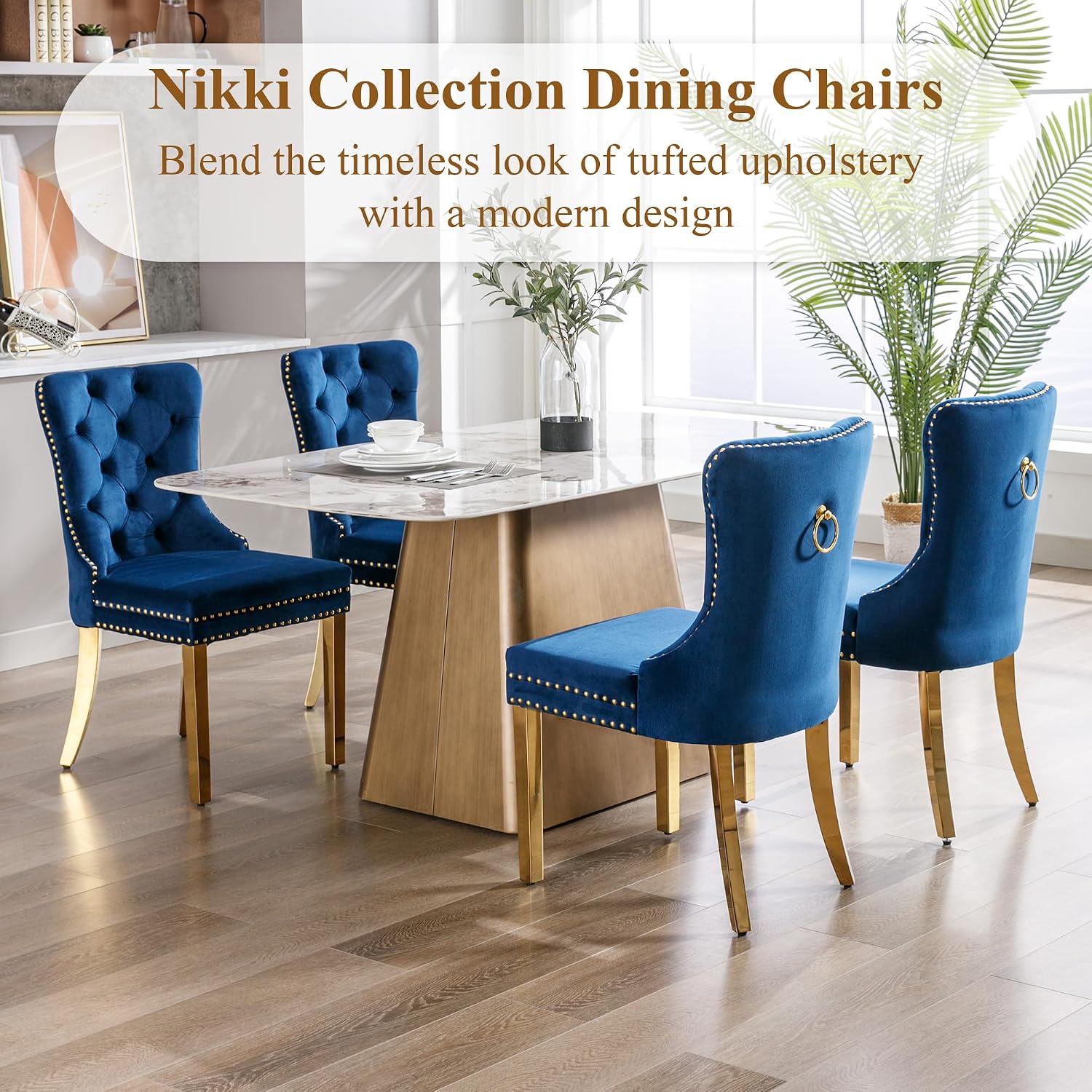 civama Dining Room Chairs Set of 4, Velvet Nikki Collection Dining Chair Upholstered Modern Tufted Kitchen Chair with Nailhead Back Pull Ring Golden Steel Legs, Blue