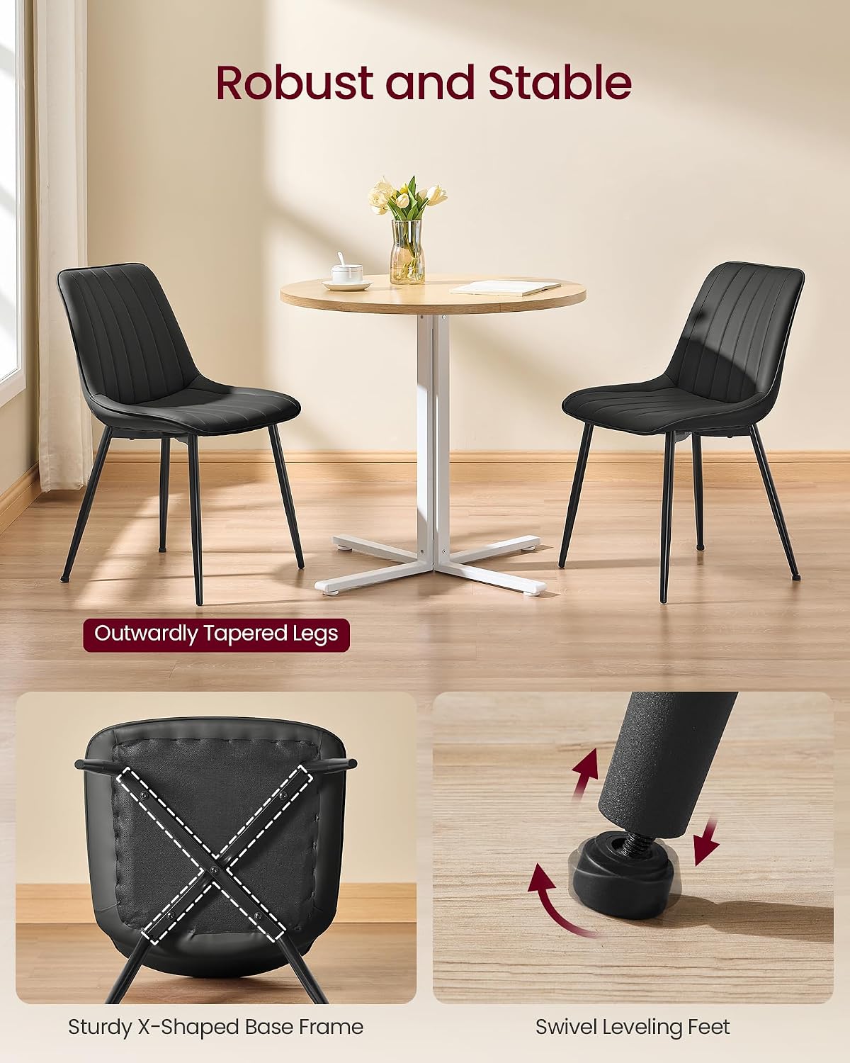 VASAGLE Dining Chairs Set of 2, Upholstered Kitchen Chairs, Synthetic Leather, Max. Load 264 lb, Steel Legs, Curved Backrest, for Dining Room, Dove Gray and Ink Black ULDC090BH02