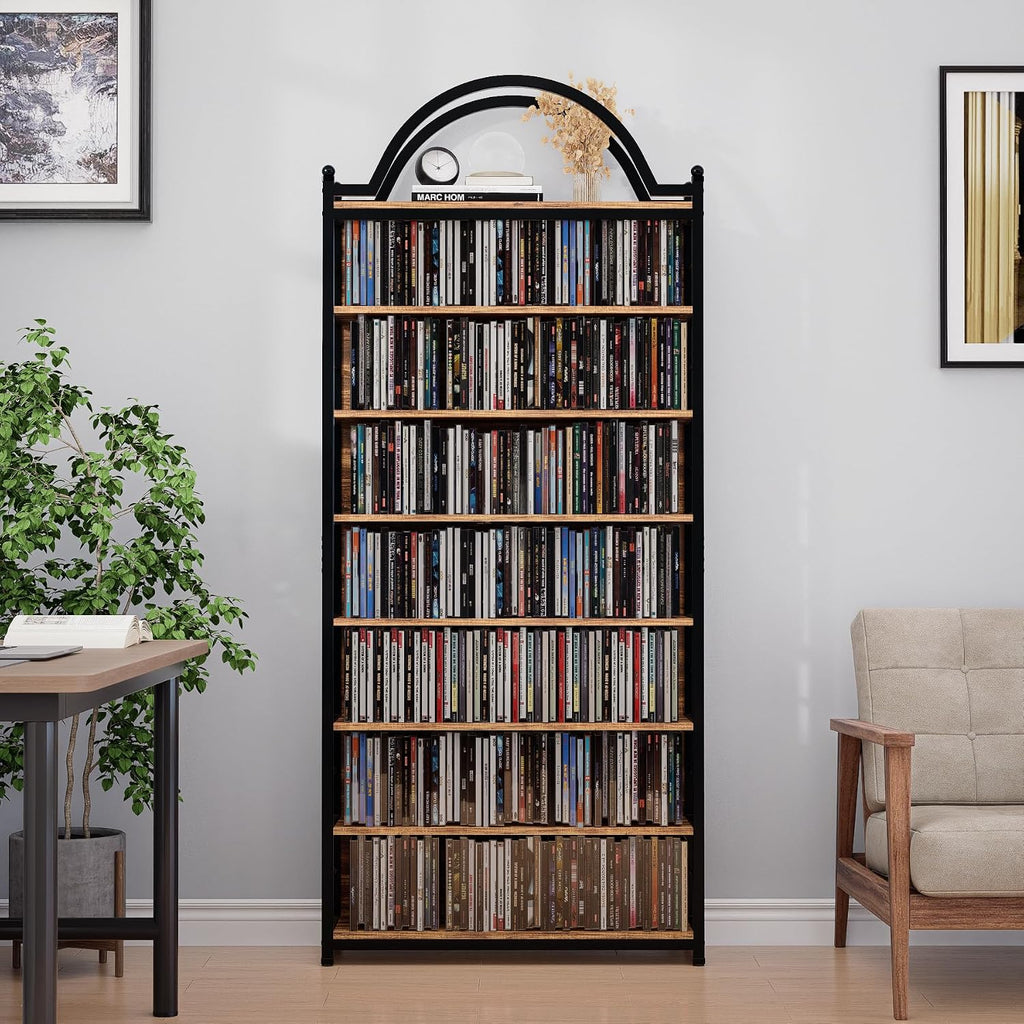 CD Storage Rack Holds 400+ CDs, 8-Tier CD DVD Storage Tower Organizer, Large Media Storage Shelf with Adjustable Feet for Living Room Bedroom Home Entertainment, Rustic Brown