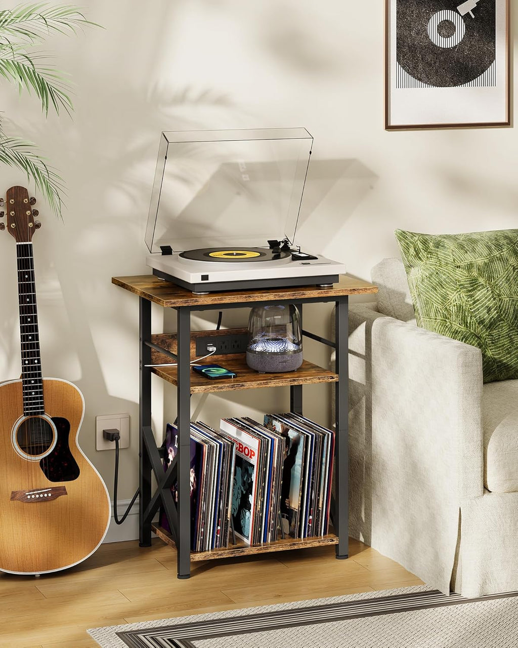 CHOEZON Record Player Stand with Power Outlet, Vinyl Record Storage Side Table, 19" Large Tabletop, Charging Station & Crossed Frame Design for Turntable, Rustic Brown and Black TBZ48UBF