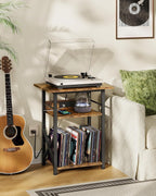 CHOEZON Record Player Stand with Power Outlet, Vinyl Record Storage Side Table, 19" Large Tabletop, Charging Station & Crossed Frame Design for Turntable, Rustic Brown and Black TBZ48UBF