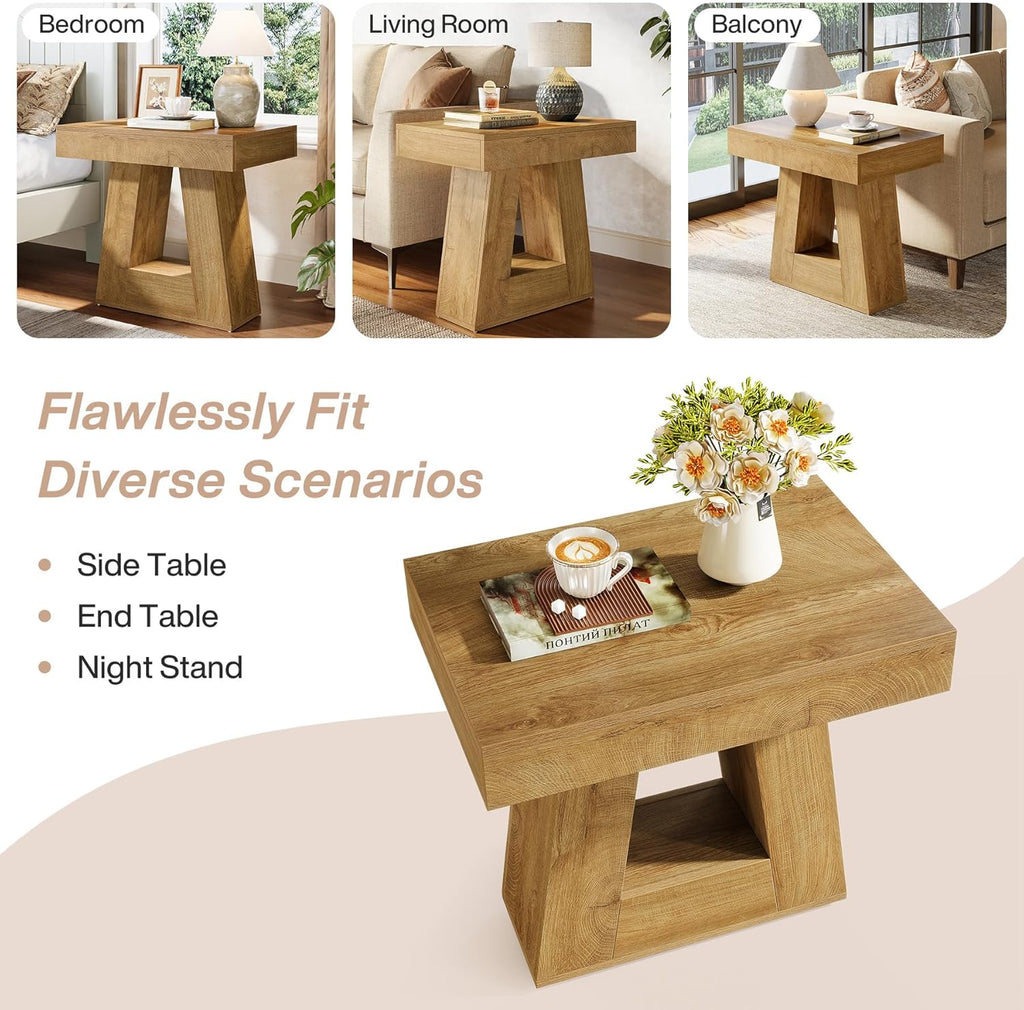 Tribesigns 24" Modern Side Table, 2-Tier Narrow Wooden End Table with Trapezoid Base, Farmhouse Small Nightstand for Living Room, Bedroom, Natural Wood Color