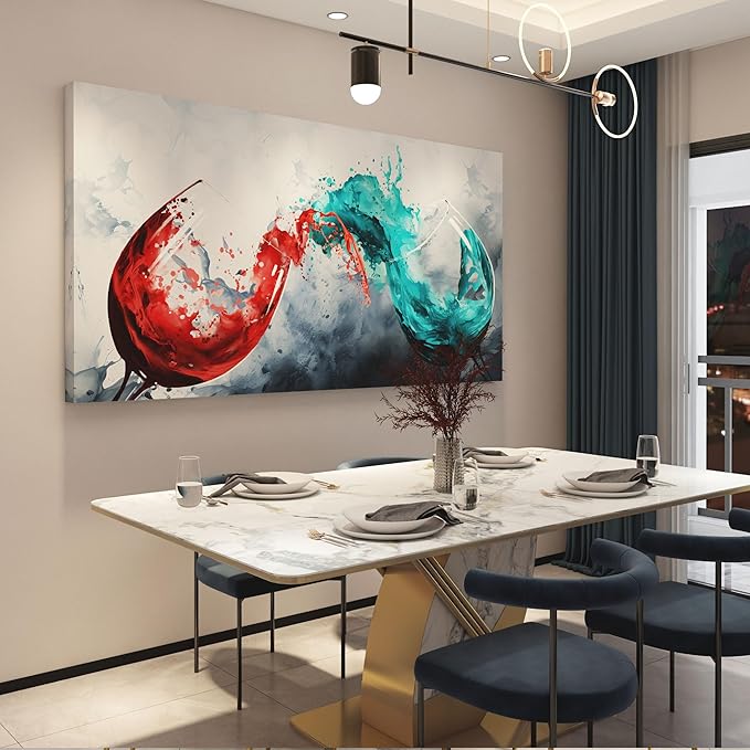 Pogusmavi Dining Room Wall Art Wine Glass Canvas Wall Pictures Kitchen Art Wall Decor Blue & Red Wine Cups Painting Modern Wall Art for Living Room Office Artwork Wall Decor 30x60IN