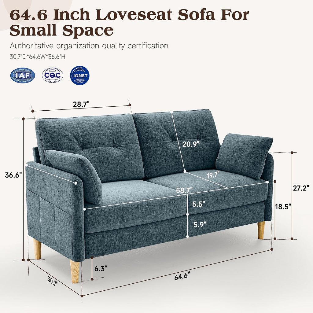 Ihanherry Loveseat Sofa, 64.6" Small Love Seat for Small Spaces, Soft Chenille Fabric Couches for Living Room with Throw Pillow and Removable Cushion Cover, Couches for Bedroom, Apartment, Office