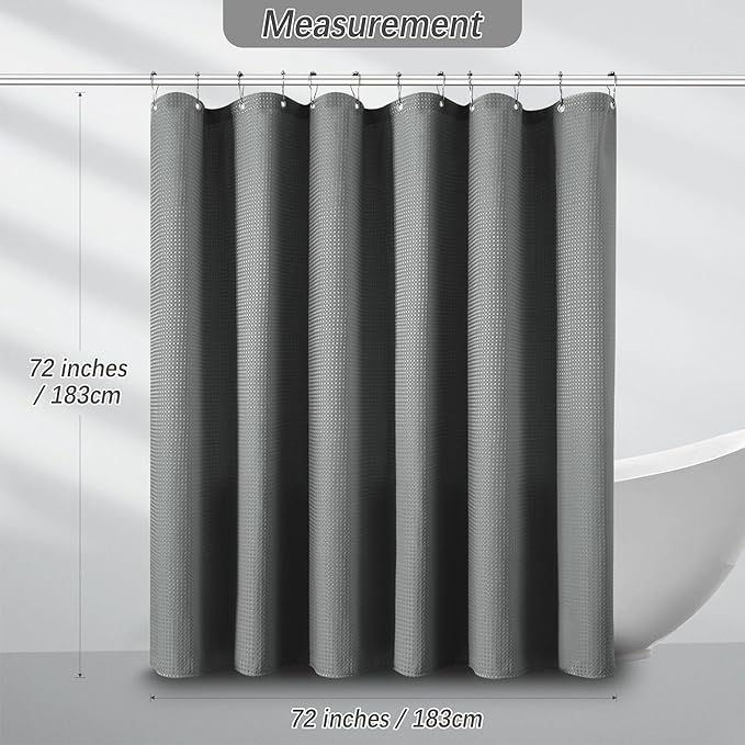 Grey Shower Curtain Waffle Weave Textured Fabric Heavy Duty for Bathroom, Waterproof 256GSM Weighted Hotel Quality Luxury Bath Curtain Set with 12 Hooks, 72Wx72H Gray