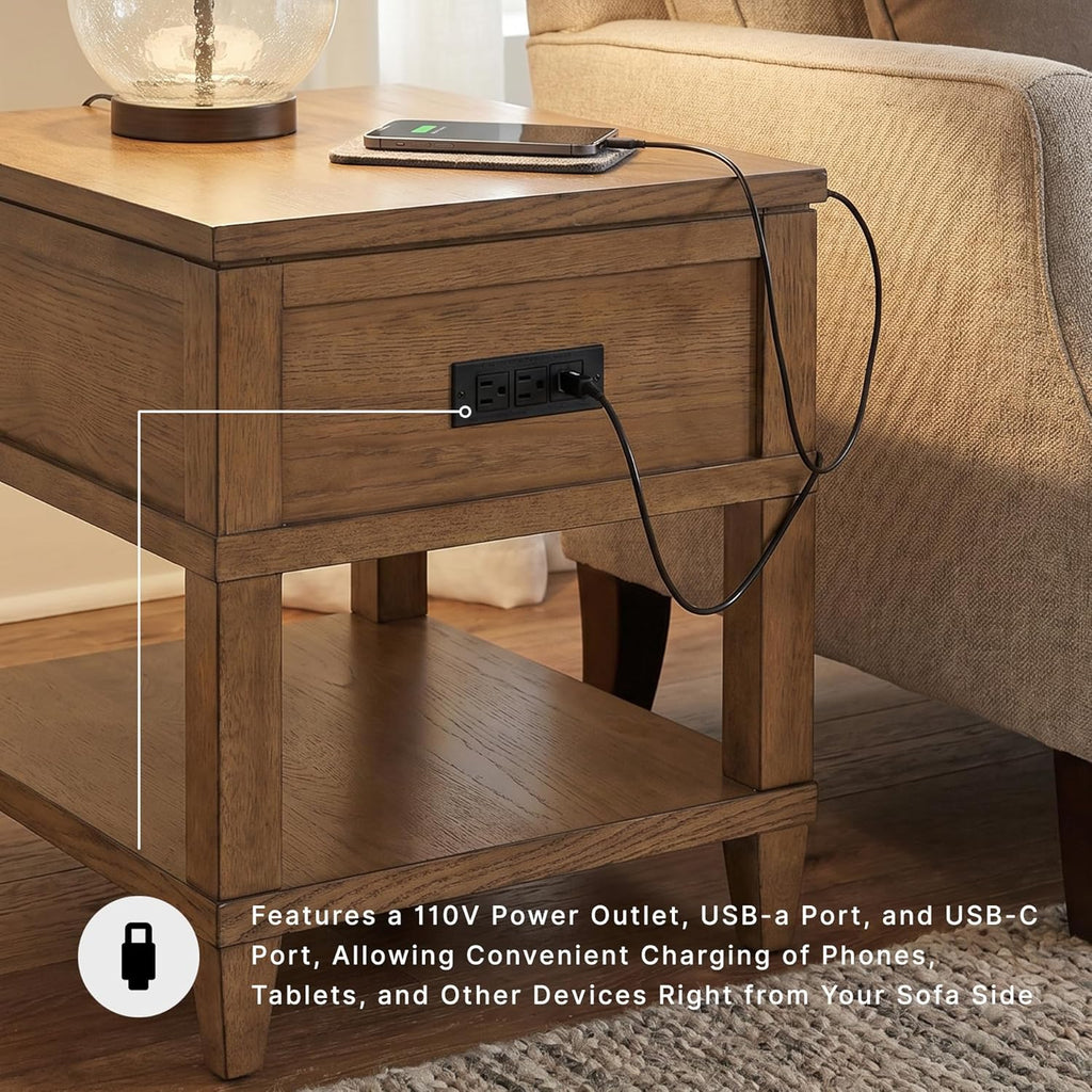 Signature Design by Ashley Sharlance End Table with Drawer, Built-in USB-A & USB-C Charging Ports, Hardwood and Hickory Veneer Side Table for Living Rooms, Light Brown, 20'' W x 26'' D x 24'' H