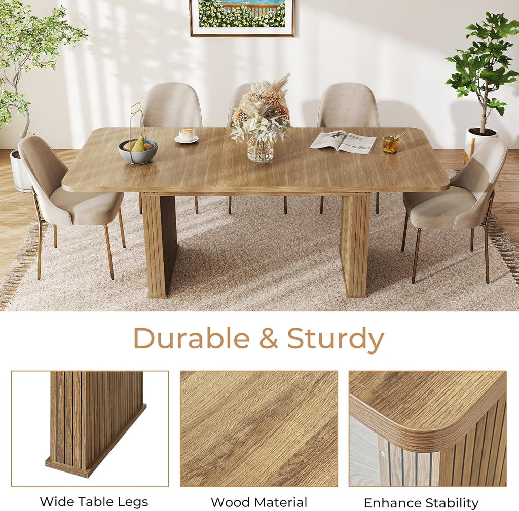 Zevemomo 63"-78.7" Expandable Dining Table, 6-10 Farmhouse Kitchen Table, Rectangular Extendable Dining Table, with Metal Slide Track, Widened Wood Striped Legs for Dining Room-Beige Brown