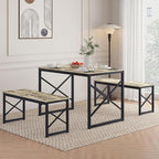 VECELO Kitchen Table with 2 Benches for 4, 43.3'' Wood Dining Room Dinette Sets with Metal Frame for Breakfast Nook and Small Space, Grey