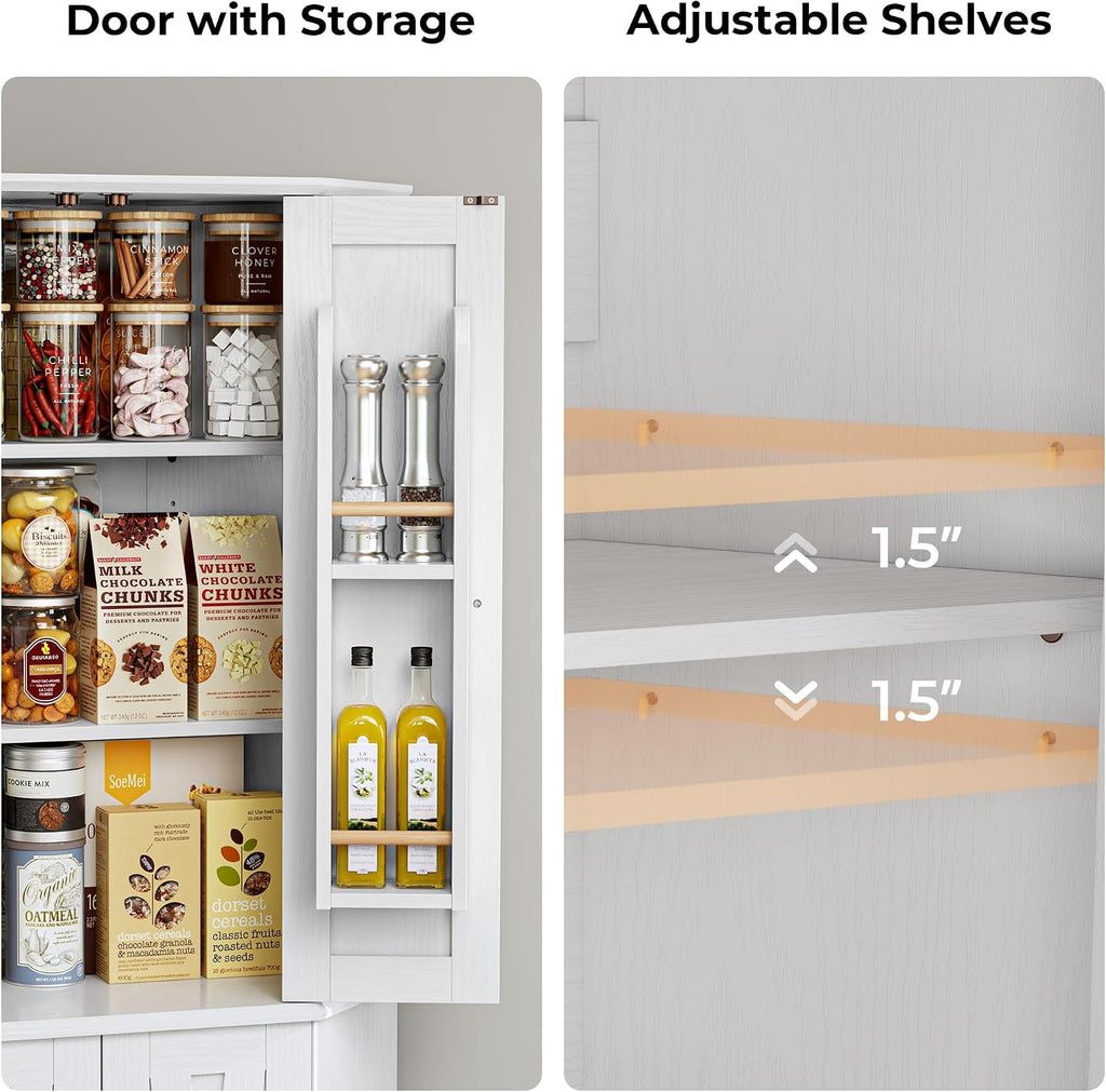 IRONCK Corner Cabinet, 72" Farmhouse Pantry Storage Cabinet, White | 6 Tiers Kitchen Pantry with 2 Adjustable Shelves, 240° Swivel Doors and Storage Rack for Kitchens, Dining rooms, Living rooms