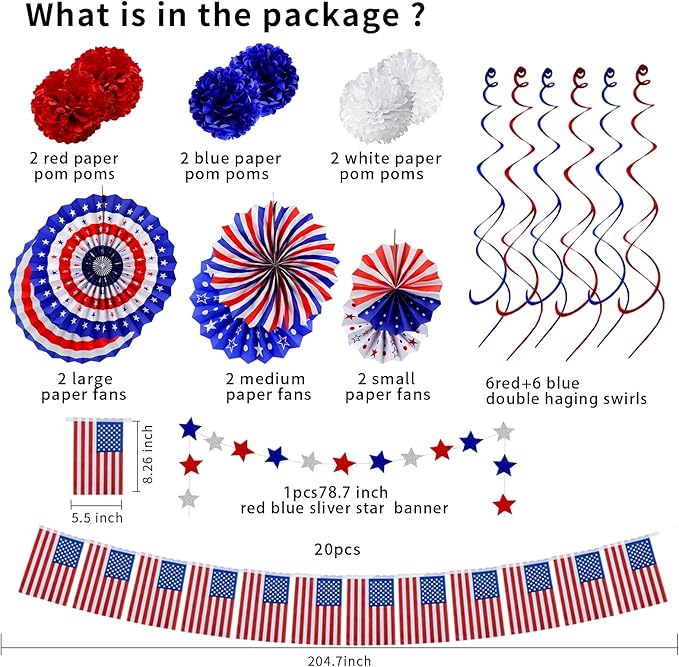 26Pcs 4th of July Decorations Patriotic Decor USA Flag String Red White Blue Paper Fans Star Streamer Pom Poms Hanging Swirls for Memorial Day,Fourth of July,Armed Forces Day,Flag Day