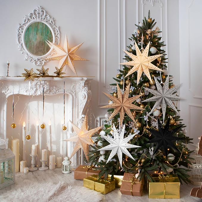 EASY JOY 5pcs 9-Pointed Paper Star Decoration Christmas Party Decorations Hanging Star Decoration Grey Brown Black 12 Inch 3D Paper Star Lantern for Christmas Home Party Wedding Birthday