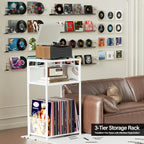 Aduanbang 3 Tier End Table,Record Player Stand with Storage Up to 100 Albums,Turntable Stand for Vinyl,White Records Shelf for Living Room Bedroom