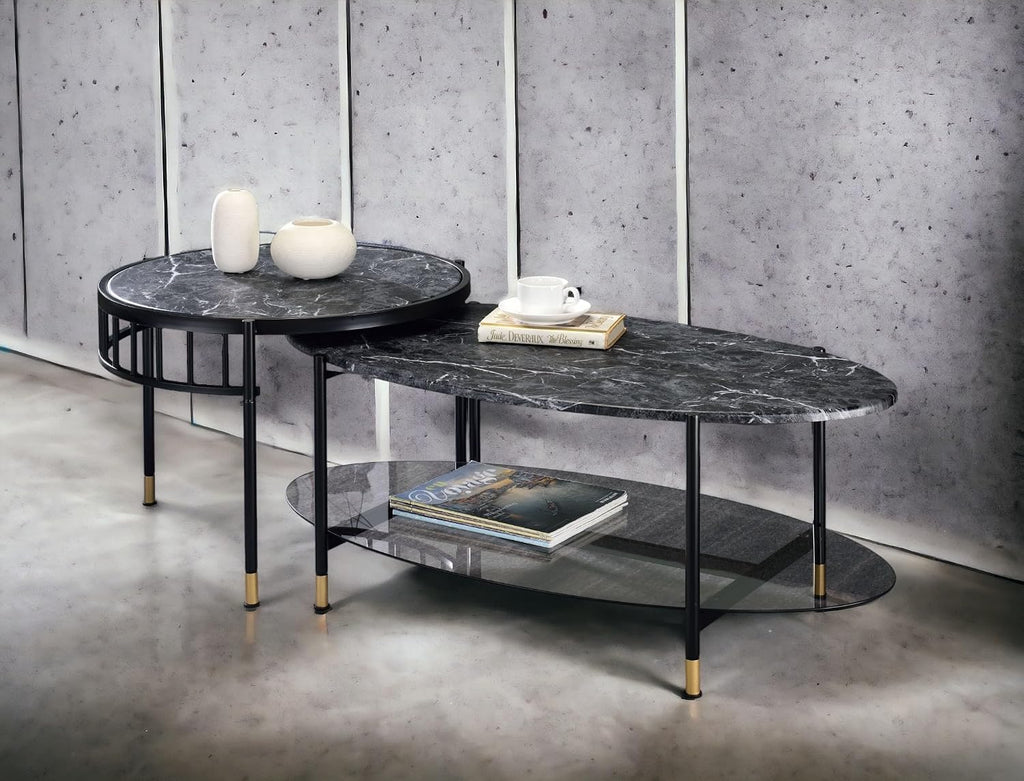 Engineered Stone Top & Black Finish Nesting Table Set | Dual-table nesting design with 15 mm thick engineered stone tops