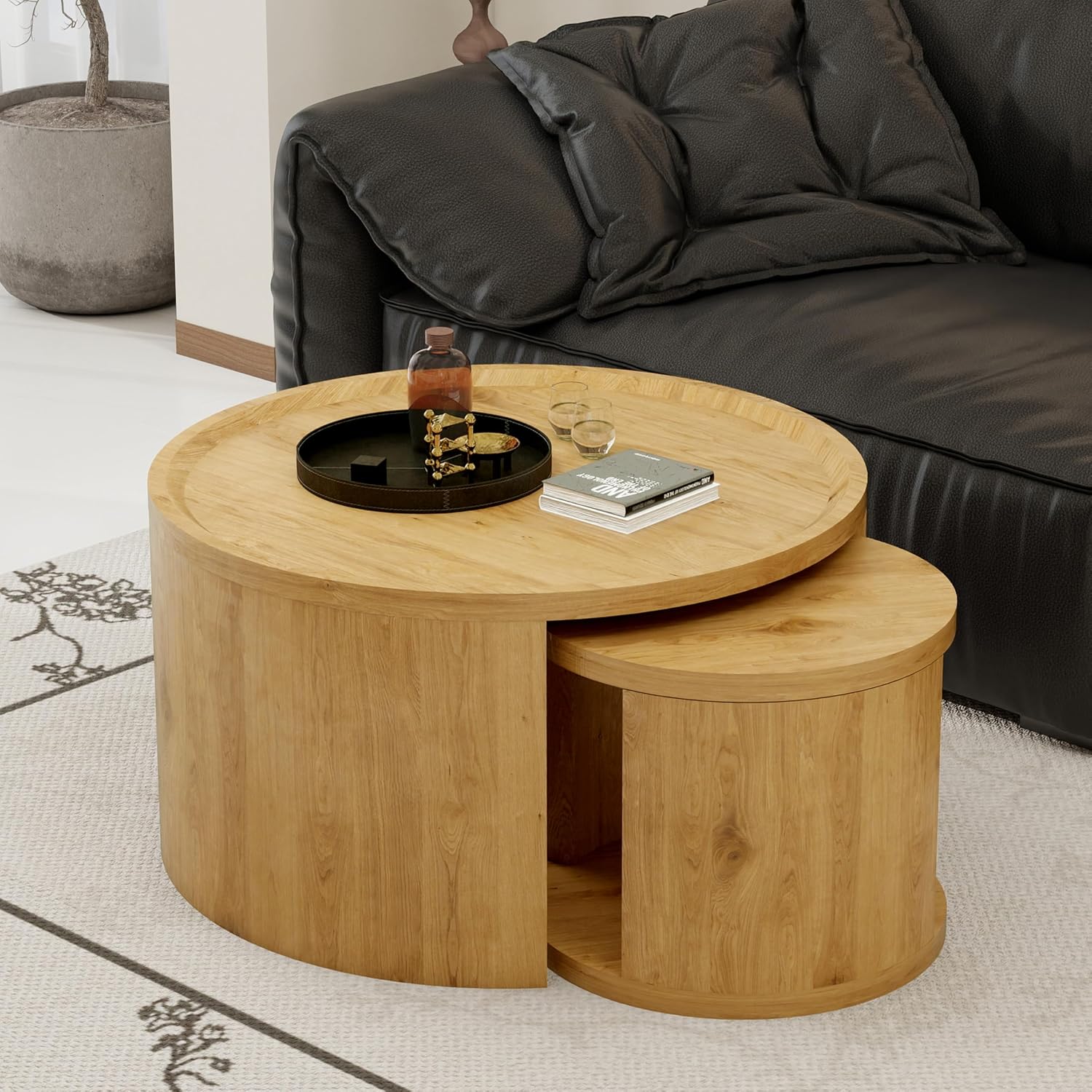 32" Anti-Slip Nesting Tables, Nesting Side Tables with Smooth Wood top, Nesting Coffee Tables with Minimalist Aesthetic for Modern Interior Home Spaces, Natural Wood