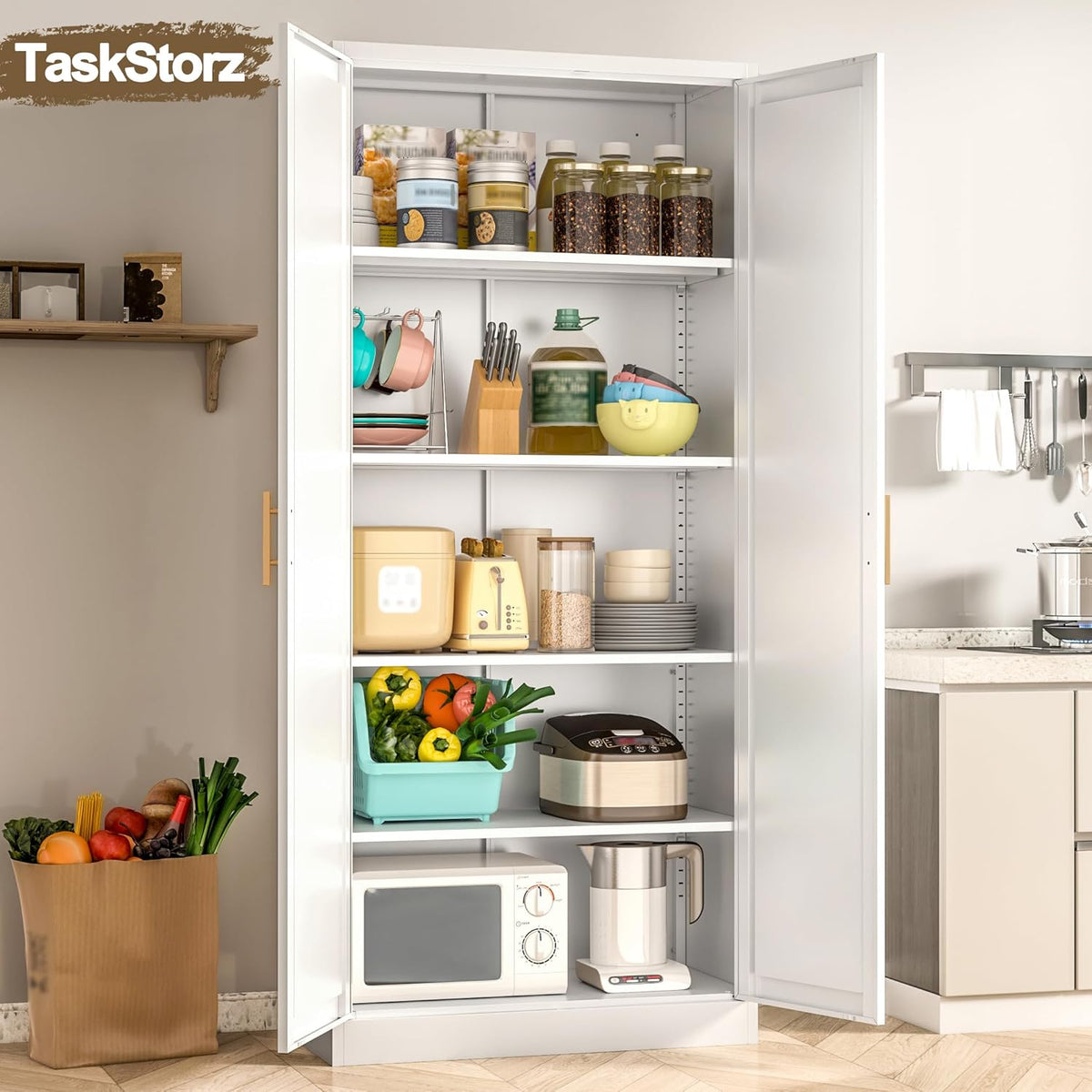 71" Tall Kitchen Pantry Cabinet, White Metal Kitchen Pantry Storage Cabinet with Doors and 4 Adjustable Shelves, Freestanding Pantry Cupboard for Living, Dining Room, Kitchen