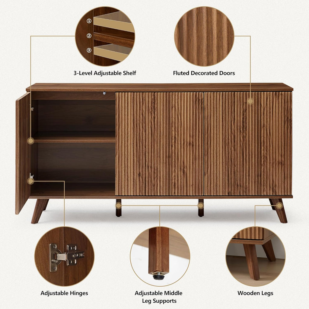 XUZENEST Fluted Sideboard Buffet Cabinet with Storage, Modern Storage Cabinet with 3 Doors, Wood Credenza Buffet Sideboards, Console Table for Kitchen Dining Living Room Entryway (Walnut)