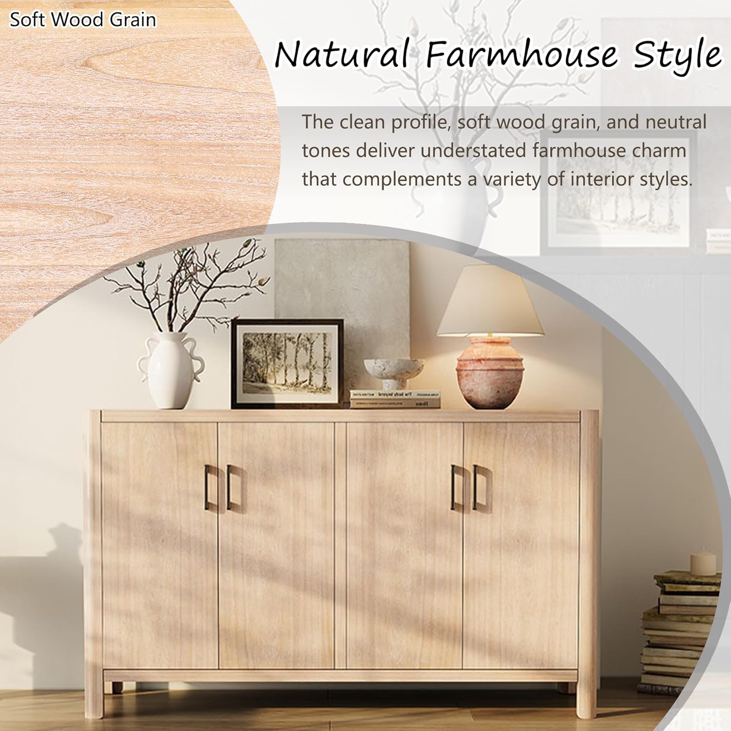 VilroCaz Farmhouse Wood 4-Door Cabinet Sideboard with Smooth Rounded Corners, Rustic Accent Entryway Console Table for Hallway Living Room Dining Room