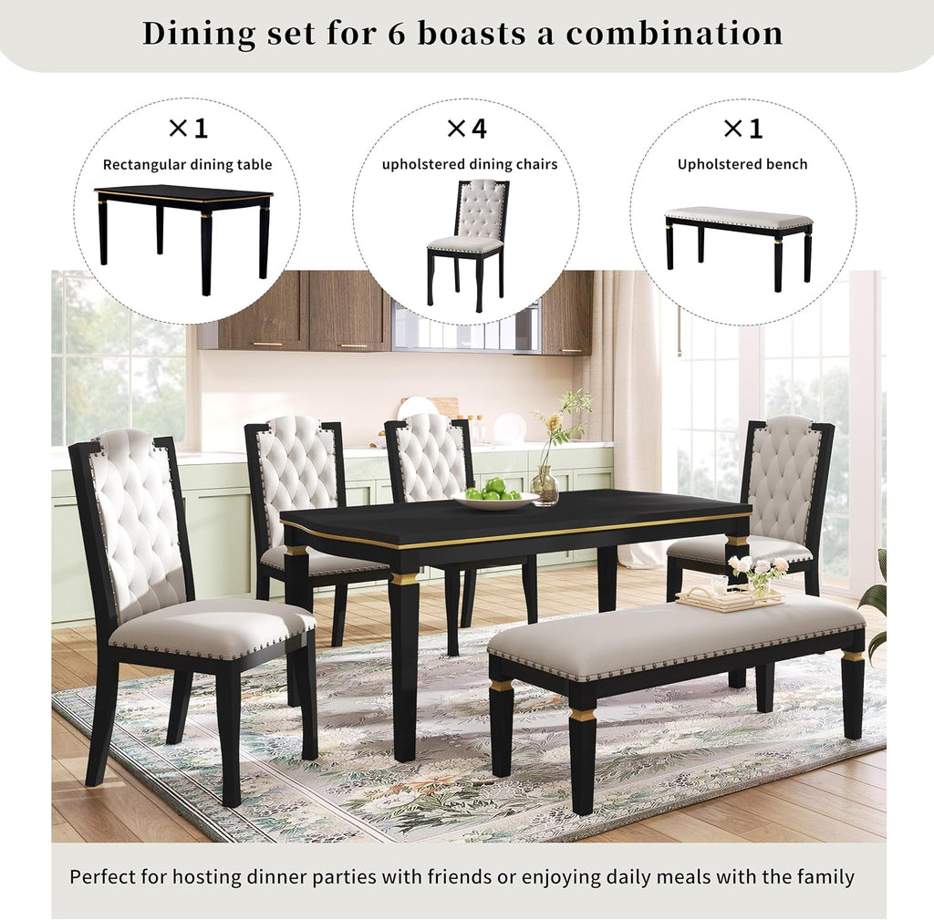 LUMISOL 6-Piece Farmhouse Dining Table Set, 60” Solid Wood Table, 4 Upholstered Chairs and Bench, Black
