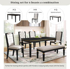 LUMISOL 6-Piece Farmhouse Dining Table Set, 60” Solid Wood Table, 4 Upholstered Chairs and Bench, Black