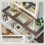 Aitjunz 69" W Farmhouse Vanity Desk with Glass Top,9 Drawers, Antique White | Wood Makeup Table with Large Storage Drawers, Rustic Bedroom Dressing Table w/3 Color Available Light & 30" HD Led Mirror