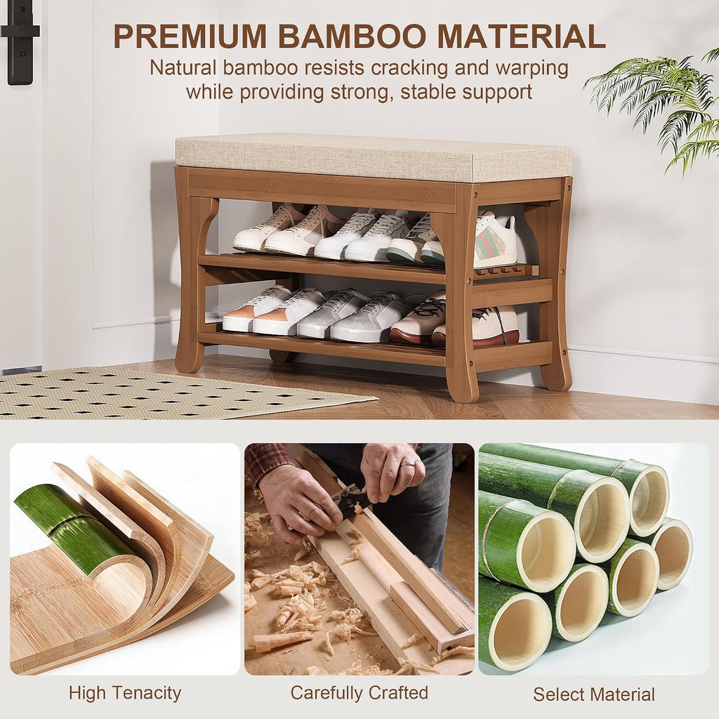 PETKABOO 27.6" Shoe Storage Bench with Cushion, Bamboo Shoe Rack Bench, 2-Tier Entryway Shoe Organizer, Supports up to 350 LB, for Hallway, Bedroom, Closet, Living Room