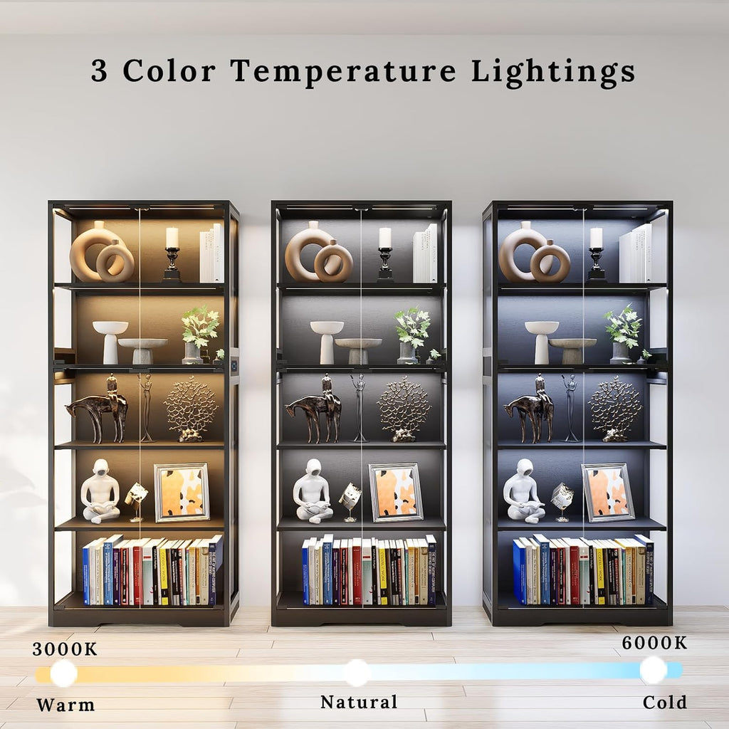 Display Cabinet with Glass Doors, 5-Tier 65" Glass Display Cabinet with LED 3-Color Lights & Human Body Sensor, Curio Cabinet with Textured Wood Shelves for Collectibles,Black Iron Frame