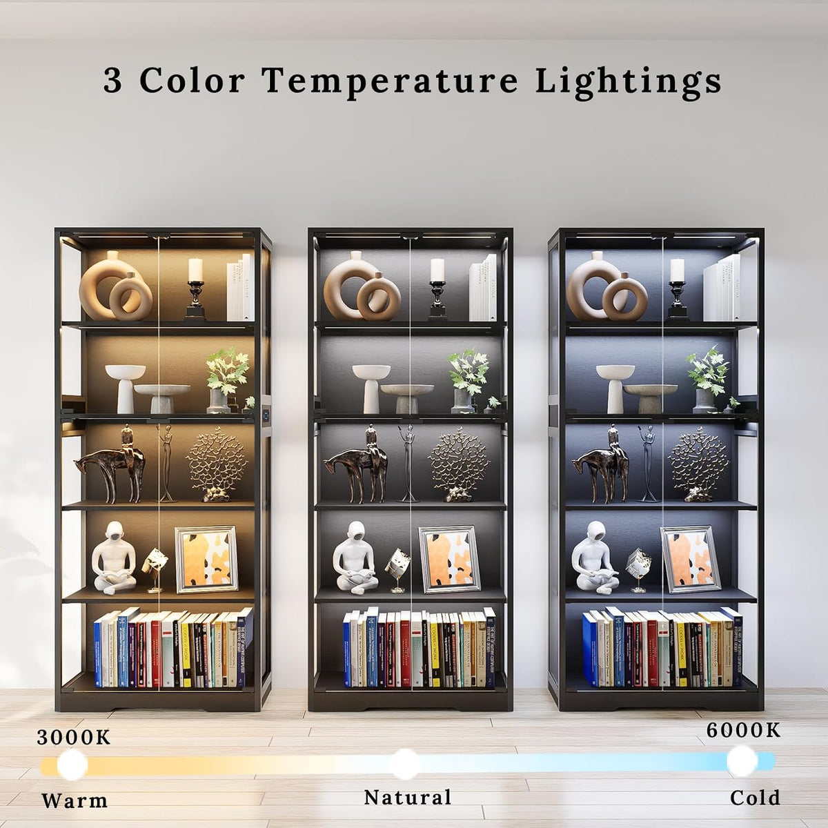 Display Cabinet with Glass Doors, 5-Tier 65" Glass Display Cabinet with LED 3-Color Lights & Human Body Sensor, Curio Cabinet with Textured Wood Shelves for Collectibles,Black Iron Frame