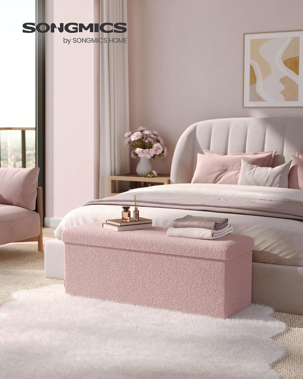 SONGMICS Large Folding Storage Ottoman Bench, 15 x 43 x 15 Inches | Foot Rest Stool, Load up to 660 lb, Jelly Pink, MINOTA Collection ULSF097R01