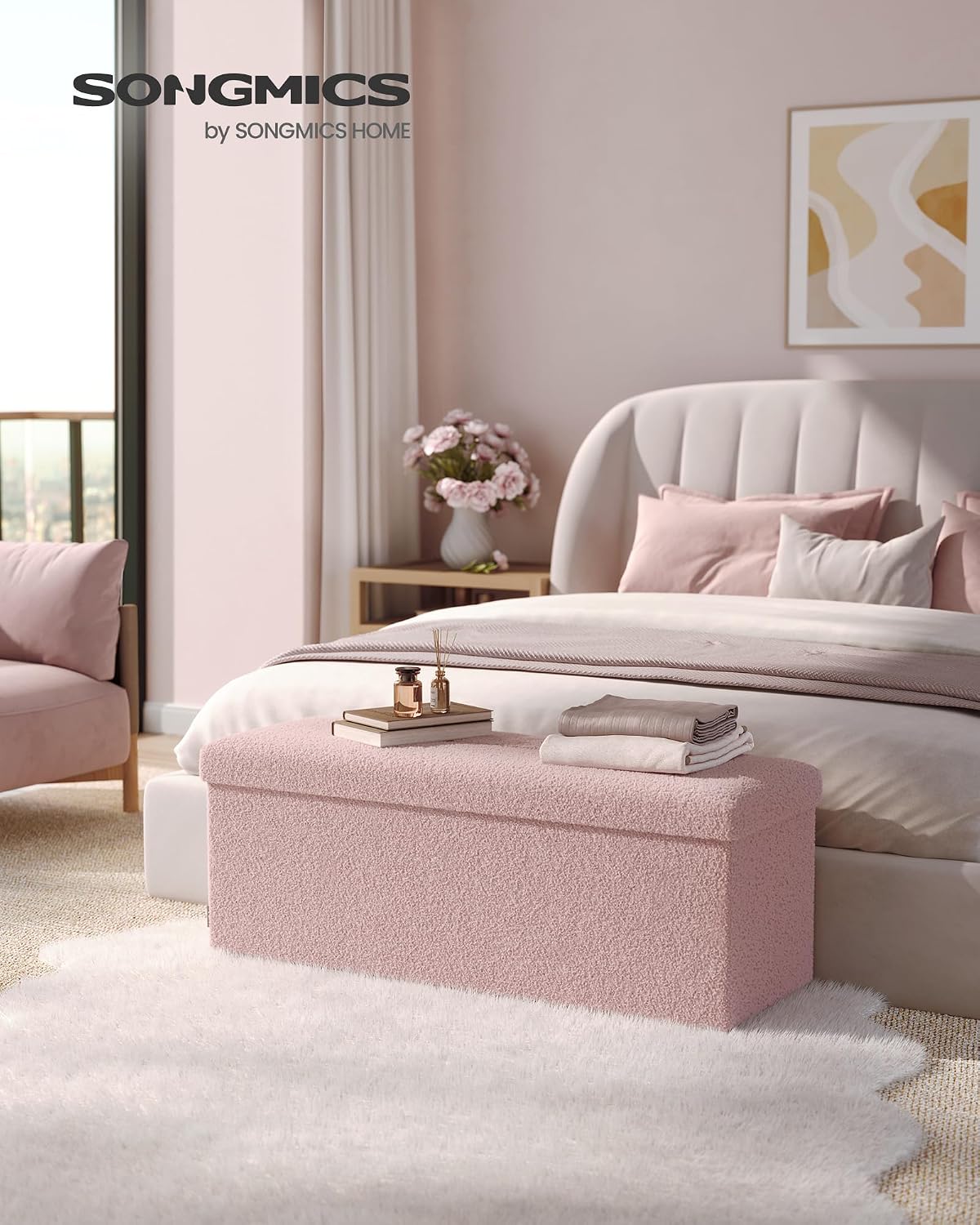 SONGMICS Large Folding Storage Ottoman Bench, 15 x 43 x 15 Inches | Foot Rest Stool, Load up to 660 lb, Jelly Pink, MINOTA Collection ULSF097R01