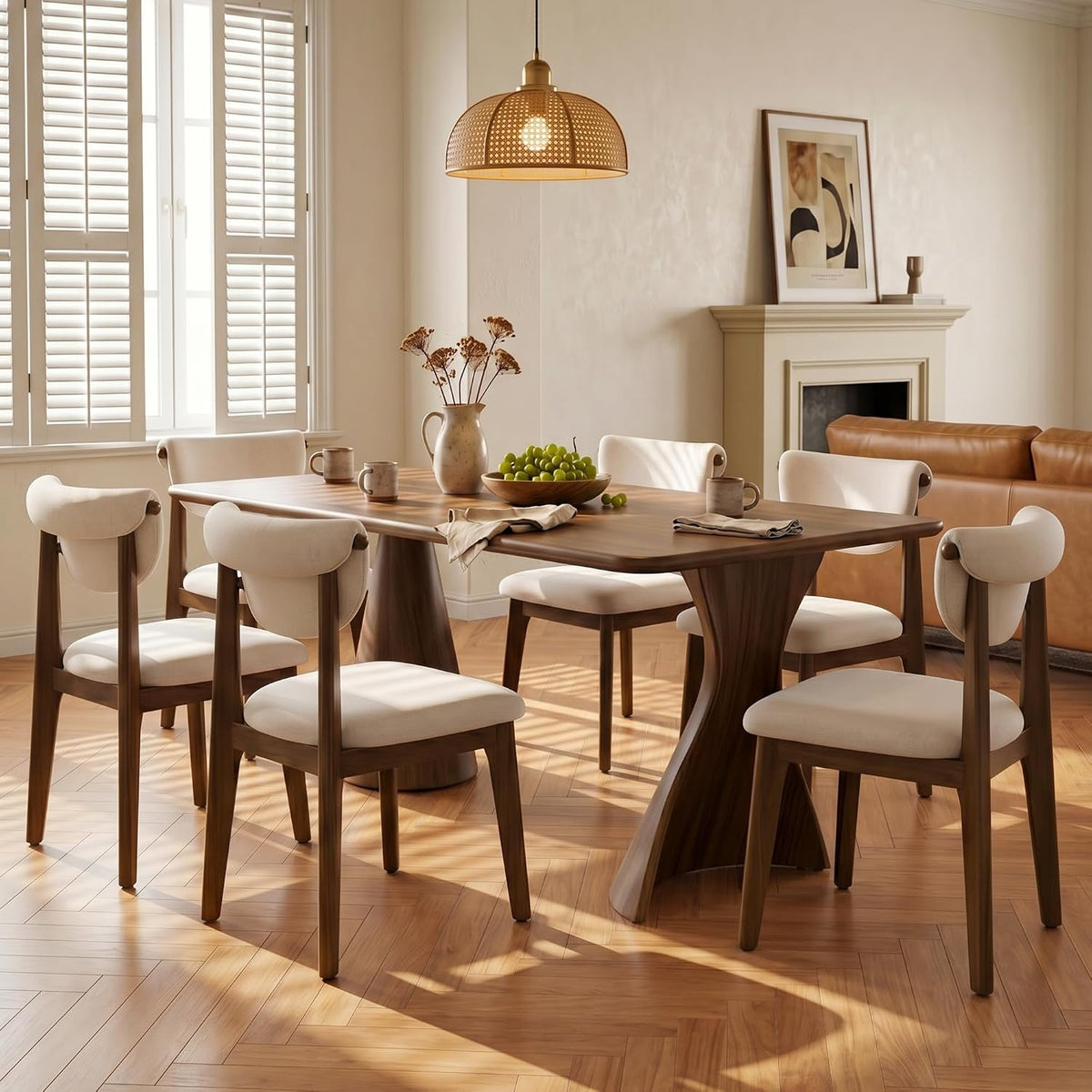 Dining Chairs Set of 6, Solid Rubberwood Kitchen Chairs with Lumbar Support High Back, Breathable Cotton Fabric Seat Cushion, Mid-Century Modern Accent Furniture for Dining Room Living Room Home,Beige