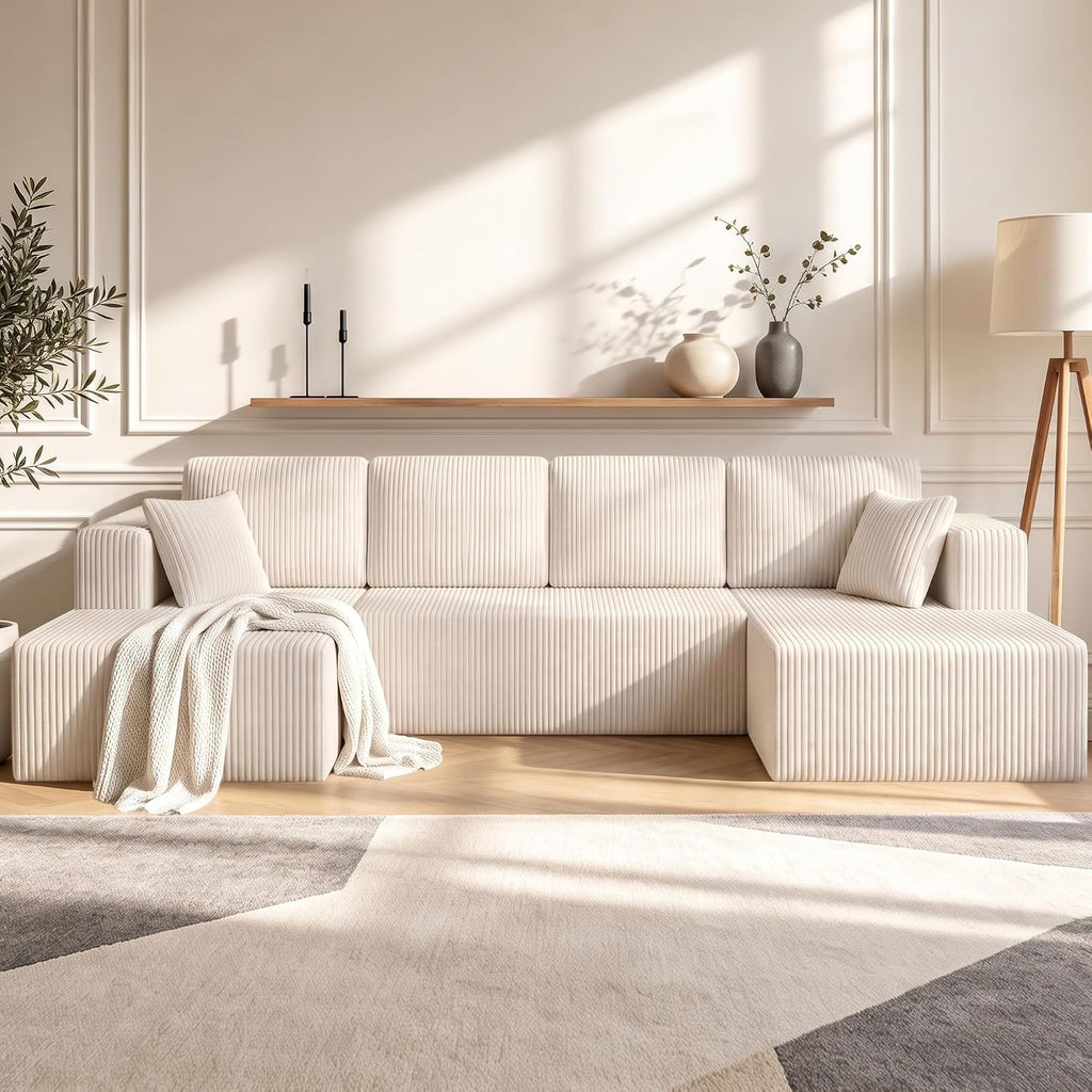130" Couch U-Shaped Sectional Sofa, Beige | Corduroy Cloud Couch with Double Chaise, 30D Memory Foam, Compressed Sofa for Living Room, No Assembly Required
