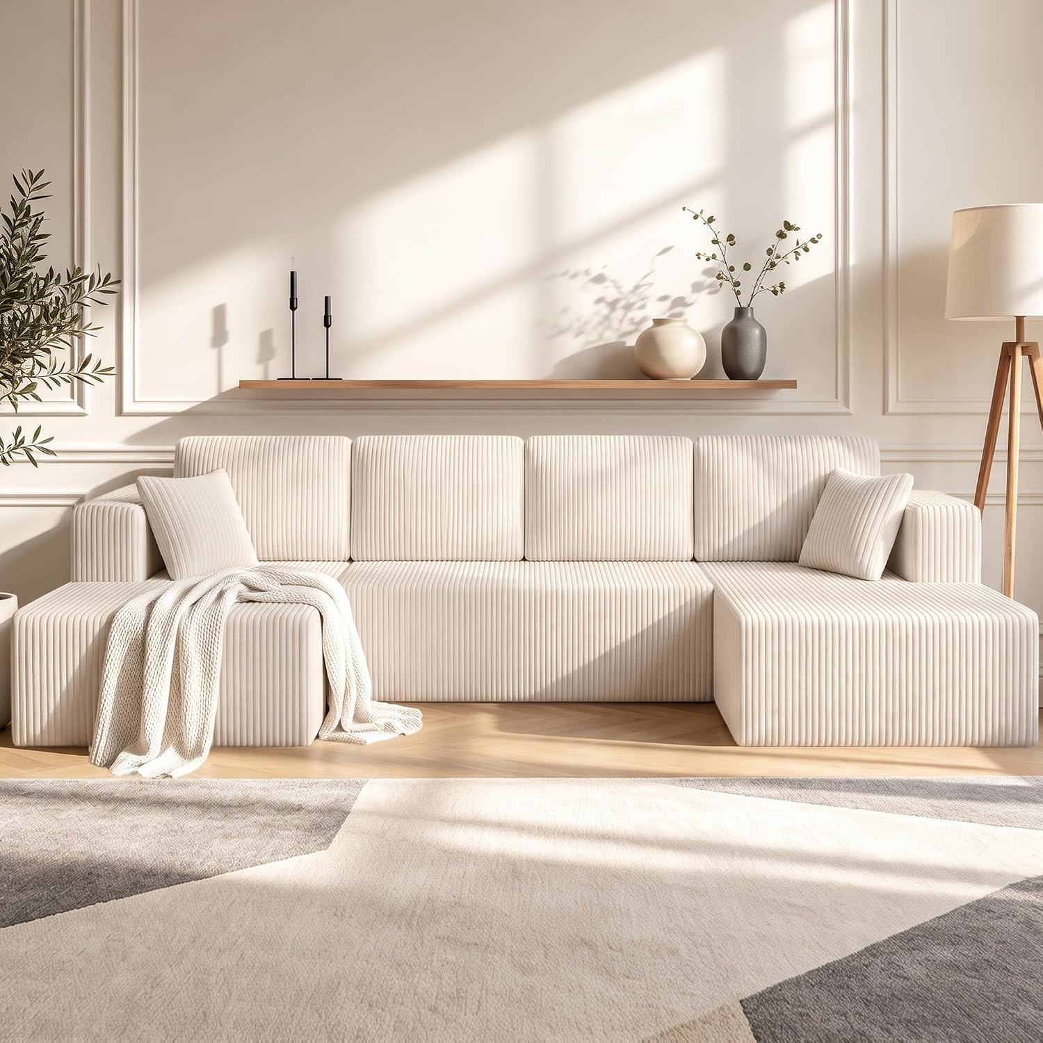 130" Couch U-Shaped Sectional Sofa, Beige | Corduroy Cloud Couch with Double Chaise, 30D Memory Foam, Compressed Sofa for Living Room, No Assembly Required