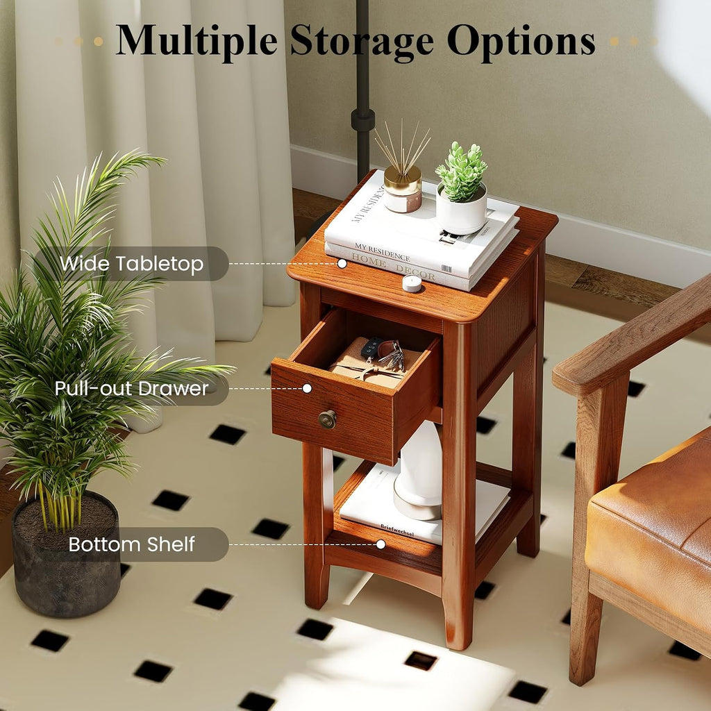 Giantex Narrow End Table with Drawer, 23.5" H Side Table w/Open Storage Shelf & Solid Wood Frame, Small Night Stand for Dorm Living Room, Bedroom, Small Spaces, No Assembly Needed, Walnut
