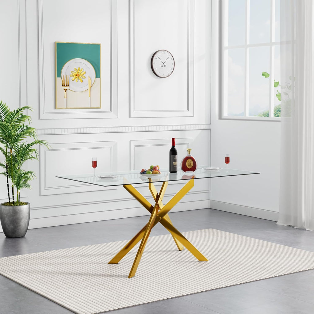 Gold Glass Dining Table for 4 Modern 51.2" Rectangular Kitchen Dining Room Table for 4 with X-Shape Metal Base Large Clear Glass Top Dining Tables for Home Kitchen