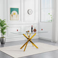 Gold Glass Dining Table for 4 Modern 51.2" Rectangular Kitchen Dining Room Table for 4 with X-Shape Metal Base Large Clear Glass Top Dining Tables for Home Kitchen