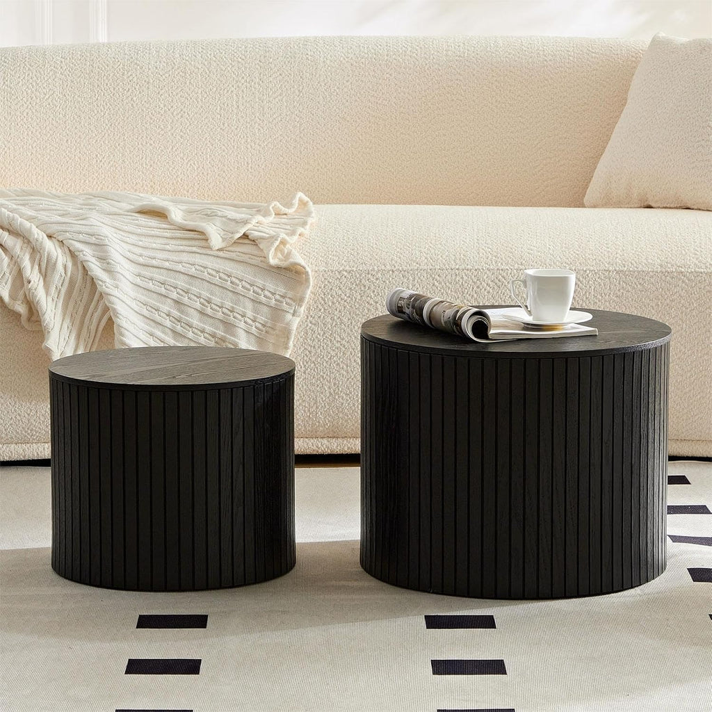 Nesting Coffee Table Set of 2,Modern Round Wooden Coffee Tables with Storage,Luxury Fluted Side Table Accent End Table for Small Space Living Room Apartment (19.17”)
