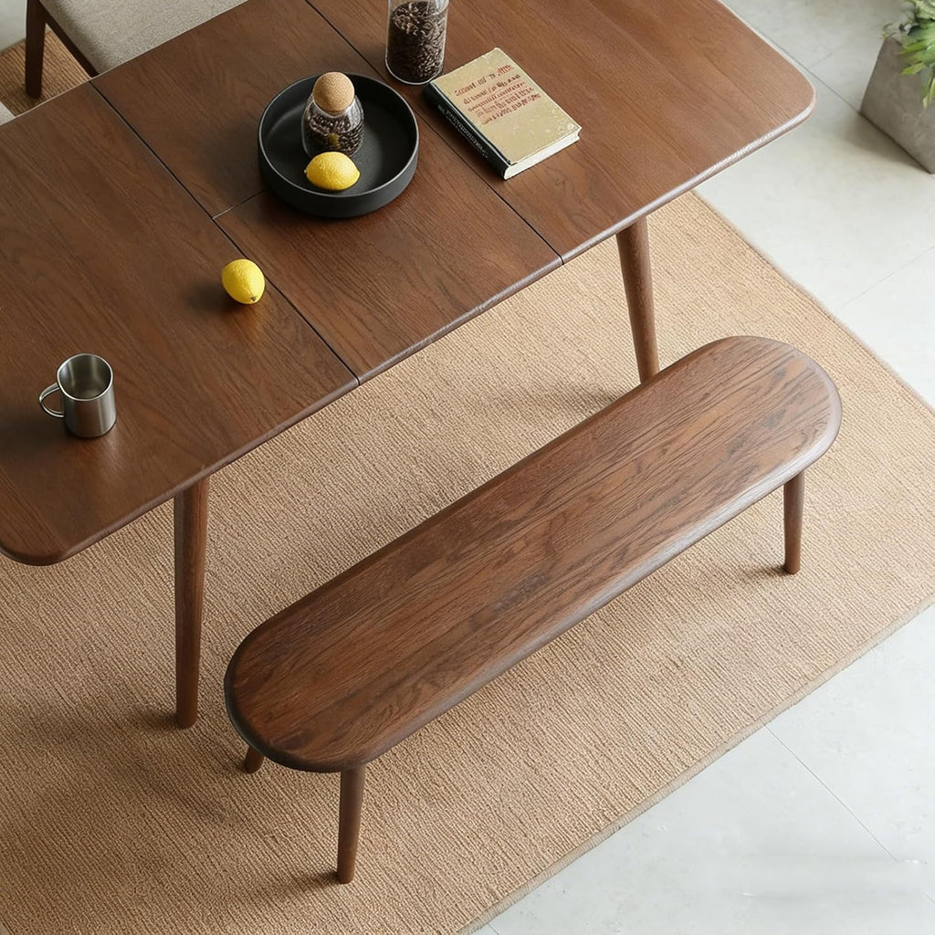 47" Solid Wood Skinny Bench | Walnut Finish Narrow Dining Bench | Mid-Century Modern Entryway Bench for Bed End, Living Room | Rounded Corners | Solid Oak Indoor Furniture