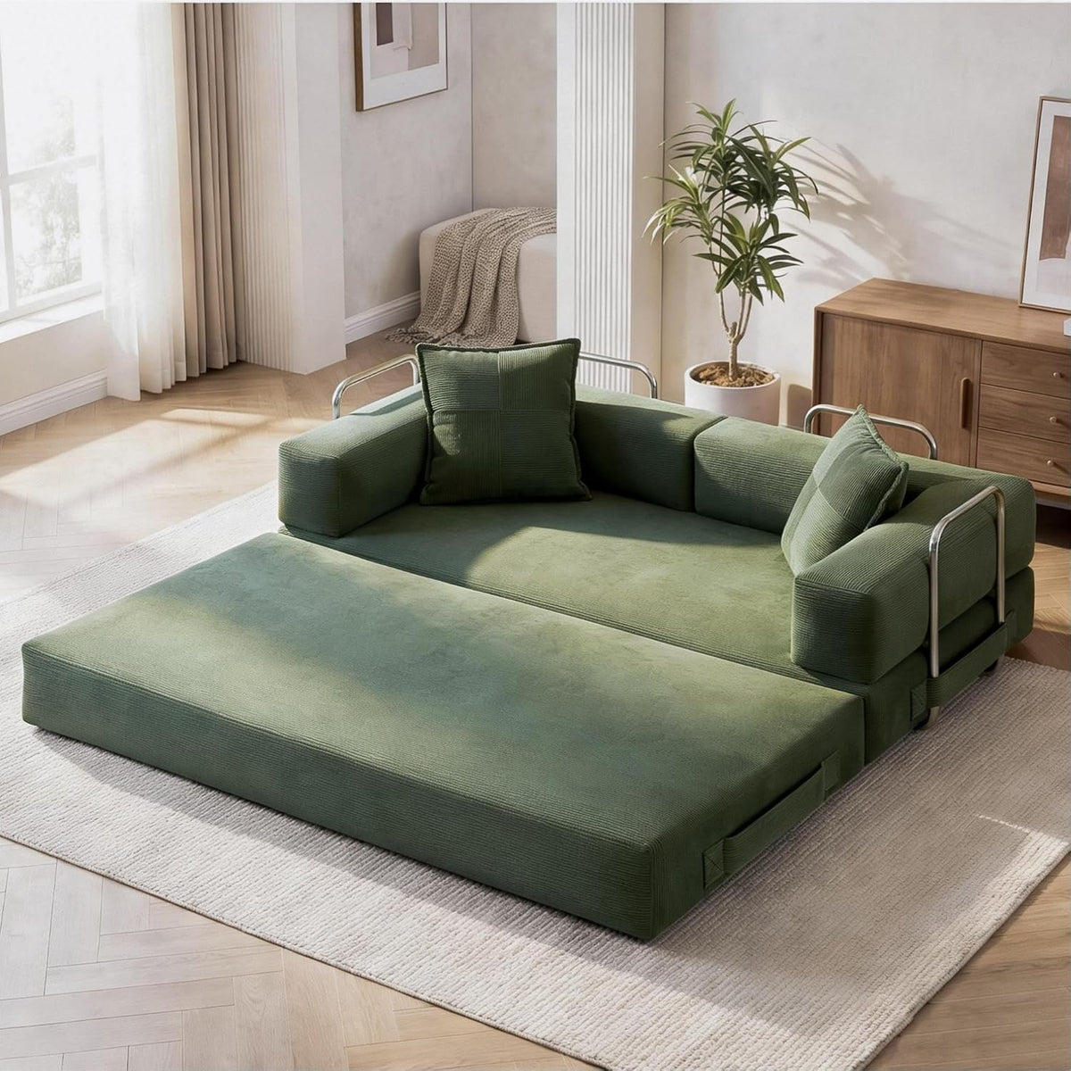 GRUSIGN 78 Inch Convertible Sofa Bed, 5-in-1 Futon Sofa Bed Pull Out Couch, Couch Bed for Living Room, Corduroy Couches for Bedroom, Apartment, No Assembly Sleeper Sofa Bed, Green
