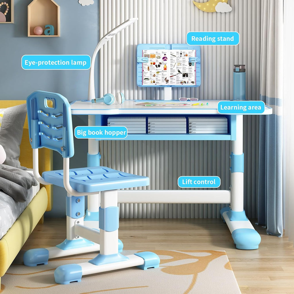 Cuteam Kids Study Desk Chair Set, Height Adjustable Toddlers Writing Table with Tiltable Reading Stand, Living Room Bedroom Children Learning Table with Extra Large Drawer (Blue)