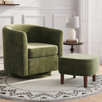 360° Swivel Accent Chair with Storage Ottoman | Small Modern Velvet Barrel Chair, Upholstered Armchair with Footrest for Living Room/Reading/Bedroom, Green