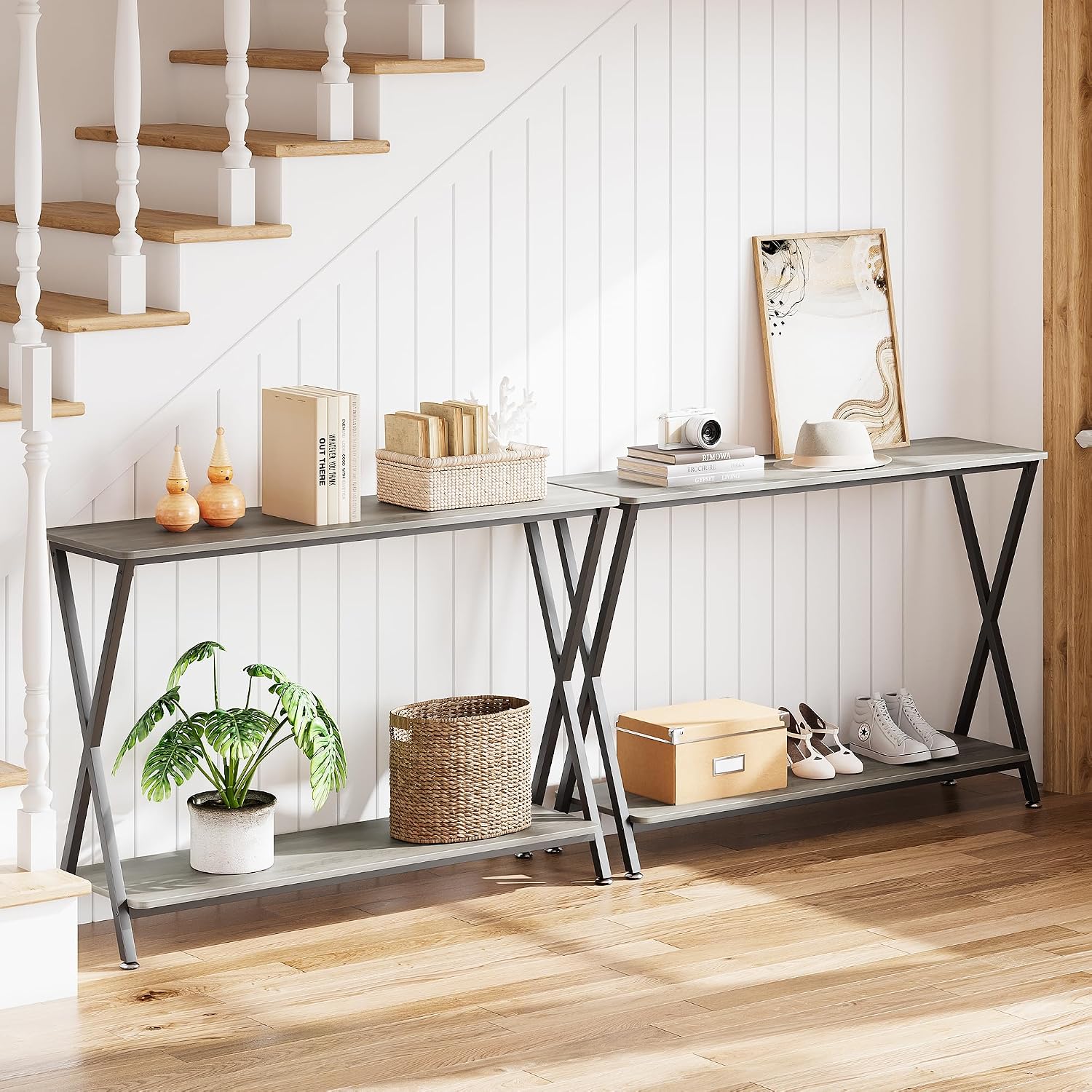 41.3” Narrow Console Table with 2-Tier Open Shelves, Farmhouse Sofa Table for Entryway, Hallway or Living Room, Space-Saving Storage Table for Behind Couch,Gray
