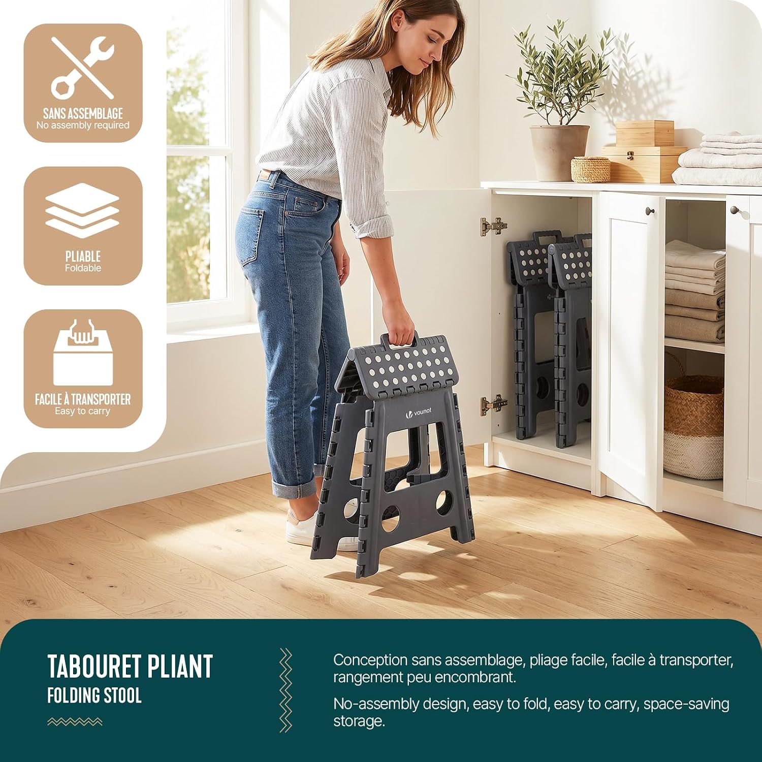 VOUNOT® Folding Step Stool, Portable Stepping Stool with Carrying Handle, Anti-Slip Folding Stool for Bathroom, Garden, Camping, Home, 39 x 32 x 40 cm, Grey