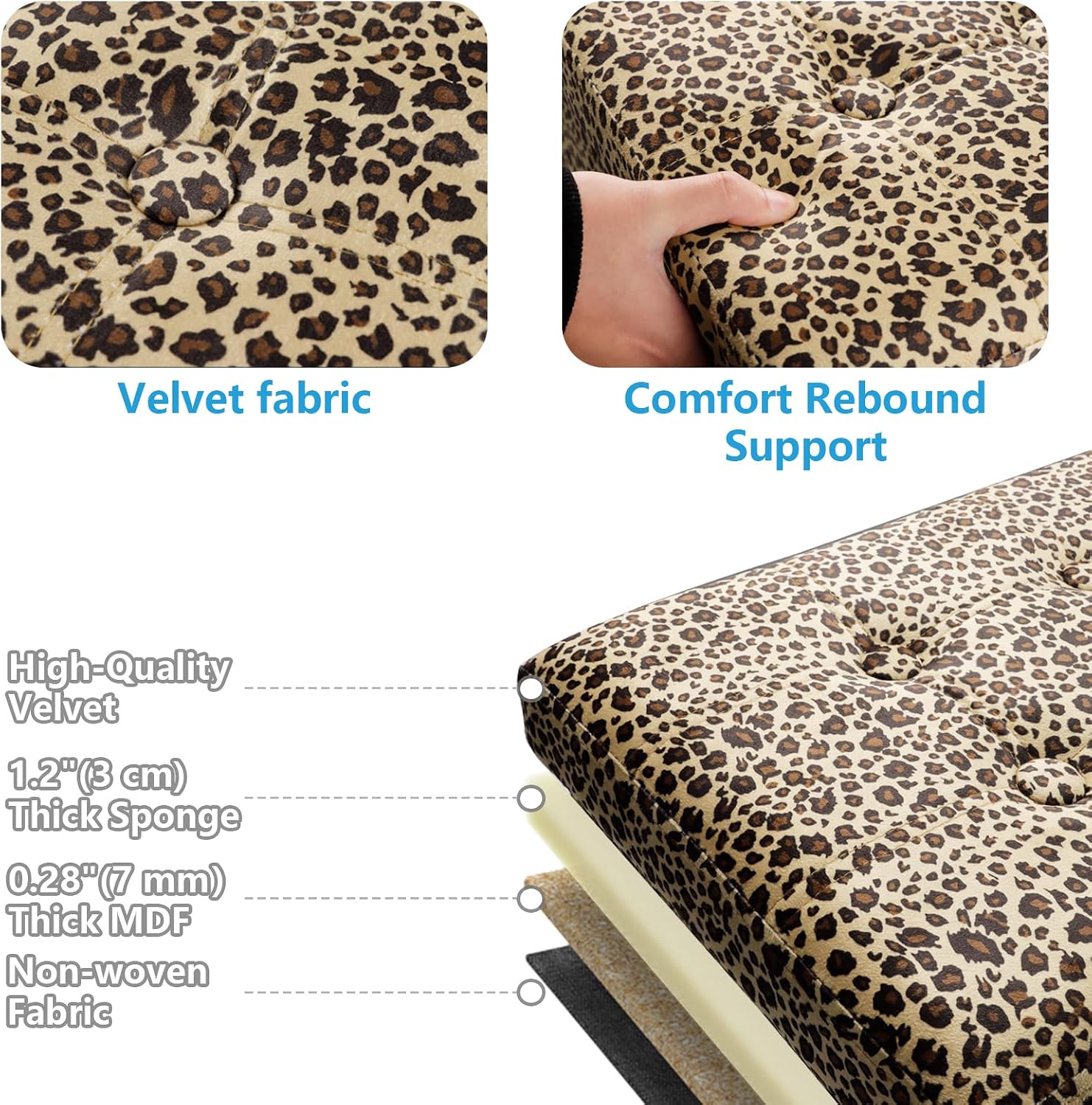 AmasSmile Storage Ottoman Folding Foot Rest Stool with Side Pocket, 17 inch Velvet Footstool Bench, Short Ottoman Bench, Storage Foot Rest Store, Blanket Chest, Leopard Print 2 Pack