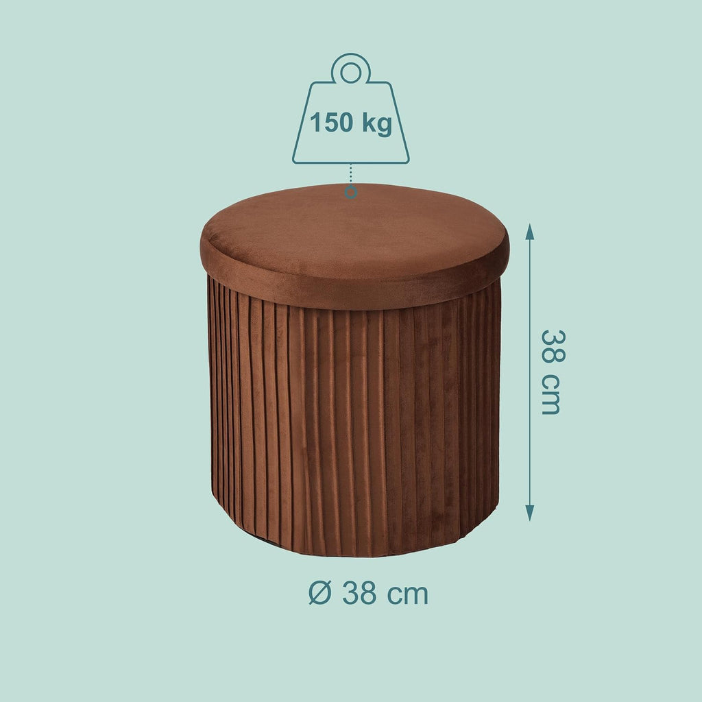 Relaxdays Velvet Stool with Storage Space, Padded, Foldable, H x D: 38 x 38 cm, Round Side Stool, Mocha Mousse