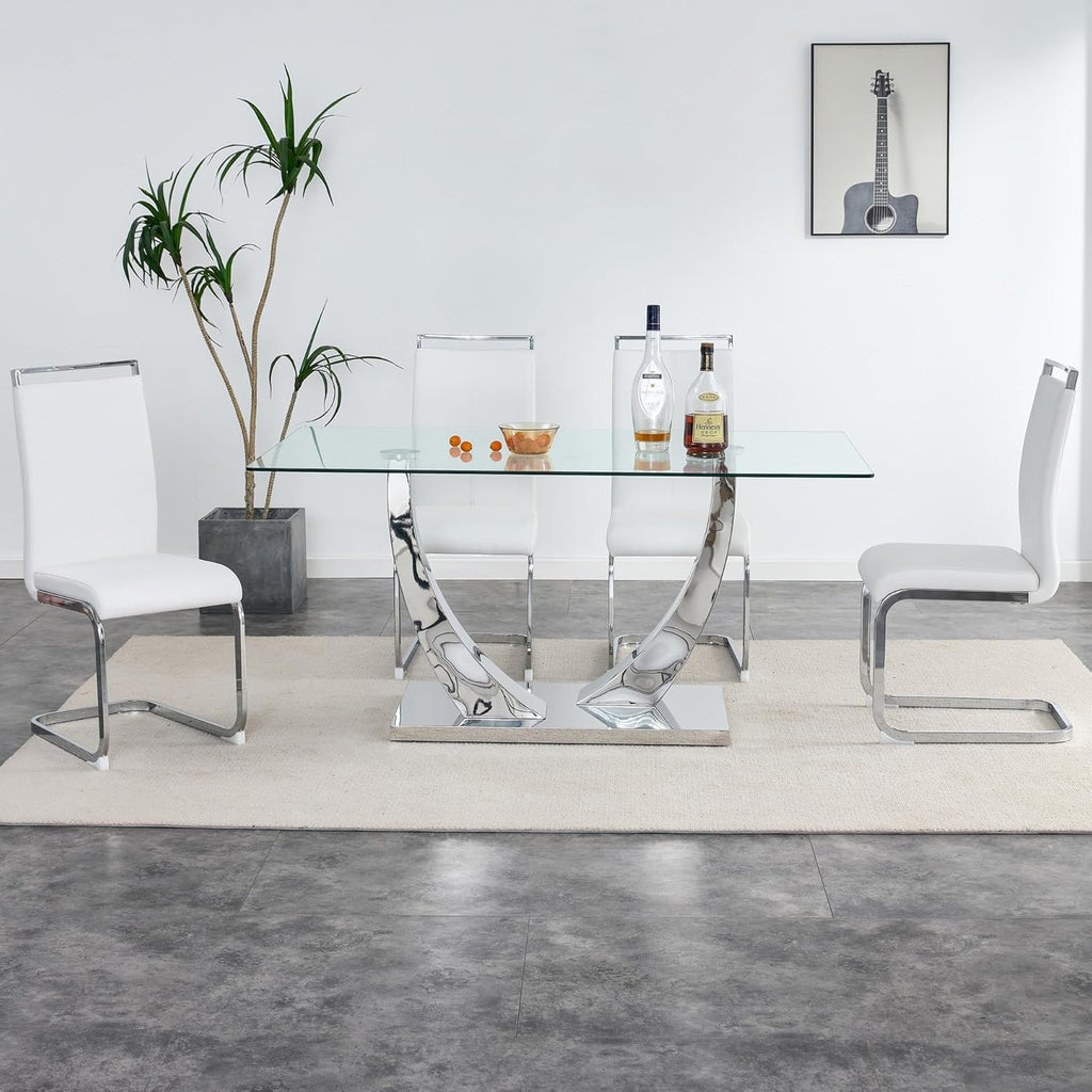 Modern Silver Dining Table, 63" Dining Room Table for 4-6 with Heavy Duty Tempered Glass Top, Rectangular Glass Kitchen Table with Sturdy U Shaped Base for Kitchen Dining Room