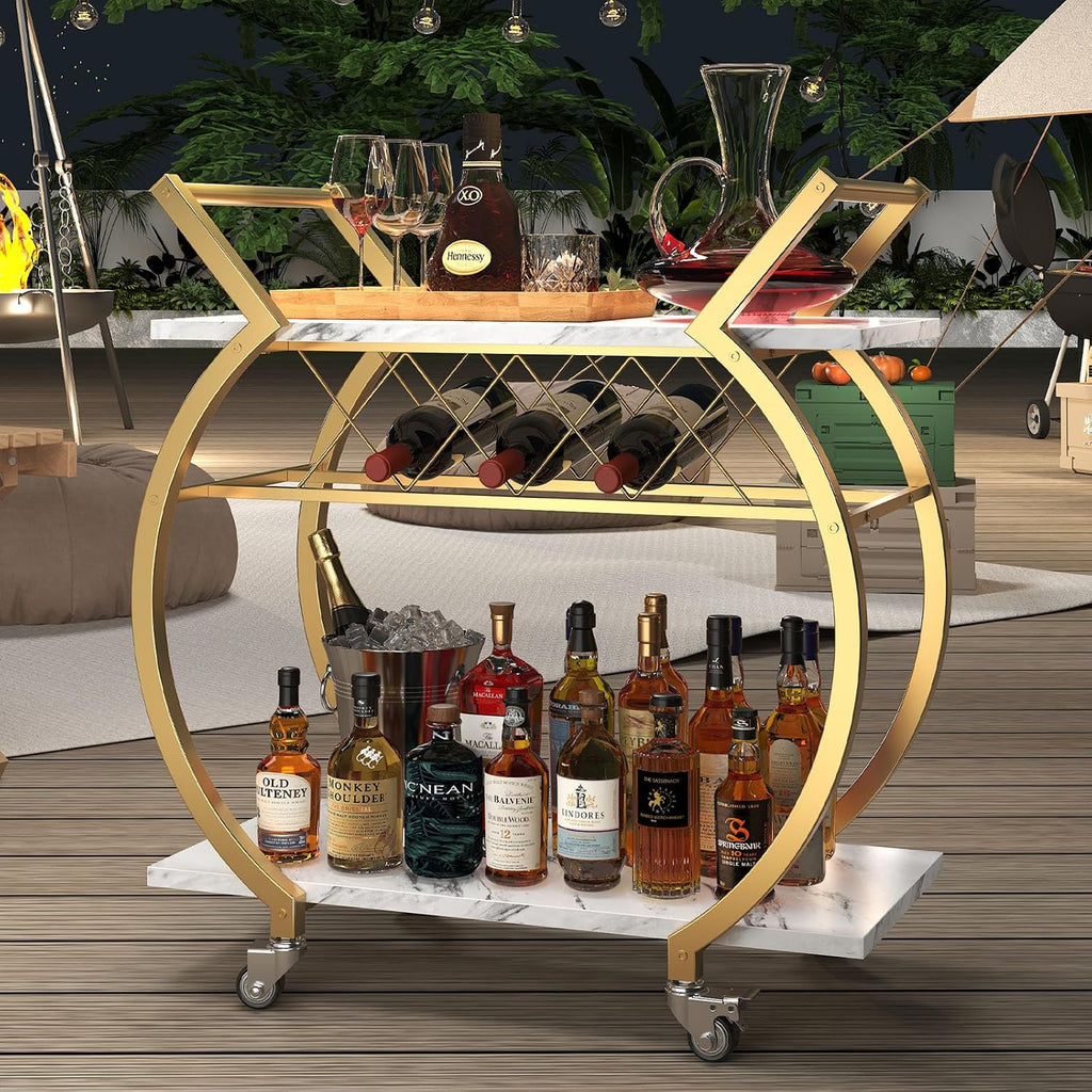 LVB Gold Bar Cart with Wheels, Modern White Marble Home Bar Serving Cart | Drink Cart with Wine Rack, Metal Wooden Beverage Cart, Rolling Kitchen Cart for Home Dining Room,Gold White Marble