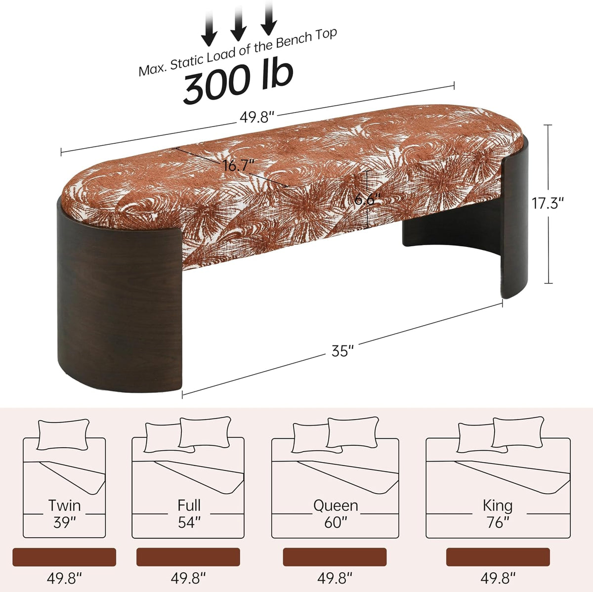 VKNOW 50" Upholstered Ottoman Bench with Botanical Pattern, Oval Entryway Bench with Solid Curved Bentwood Legs, Accent End of Bed Bench for Bedroom, Dining Bench for Dining Room, Living Room, Rust